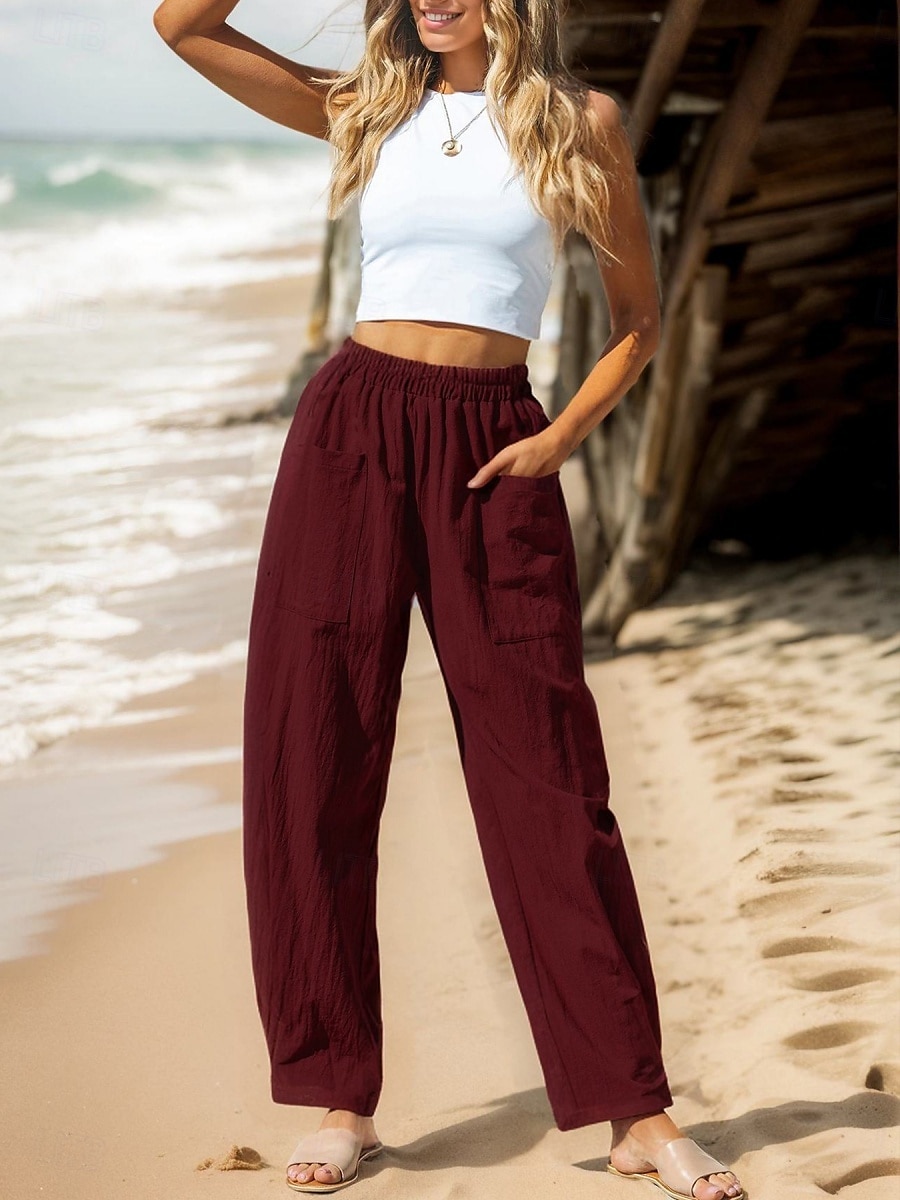 Damen Hose aus Baumwollleinen Basic Volle Länge Hohe Taille Einfach Tasche Komfort Außenbereich Mikroelastisch Urlaub Straße Lässig Schwarz Rosa Wein Marineblau Sommer Frühling Herbst Lässiger Schnitt 2025 - $23.99 –P1