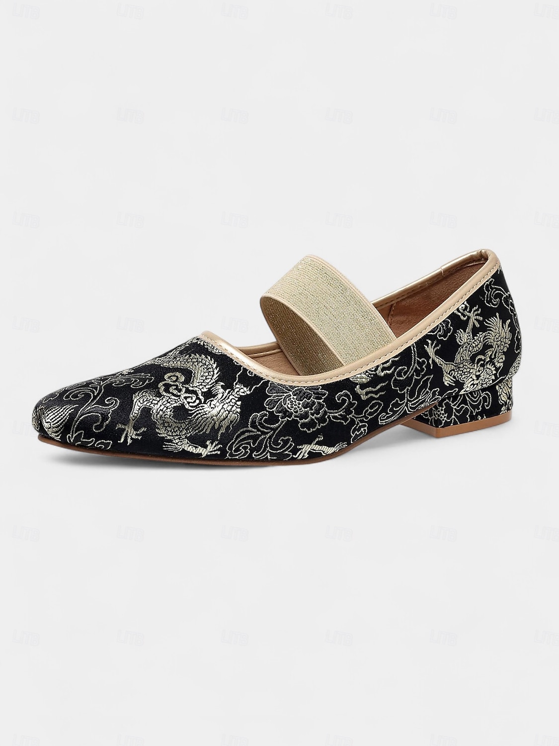 Ballerines Mary Jane en jacquard doré pour femme avec bride élastique – Chaussures à talons bas élégantes de style vintage des années 1950 pour mariages, goûters et occasions formelles de 2025 ? $32.99 –P4