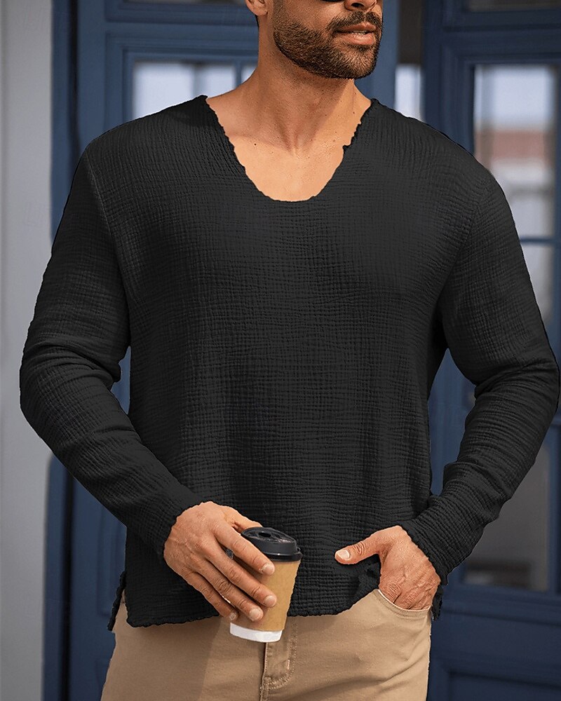 Herren T Shirt T-Shirt Langarmshirt Langarm V Ausschnitt Sommer Frühling Einfach Mode Designer Basic Klassisch Urlaub Straße Ausgehen Dunkel Braun Schwarz Weiß Top T-Shirt für Herren 2025 - $22.99 –P4