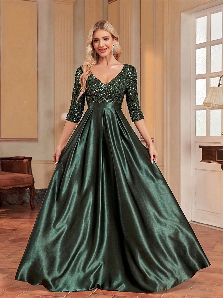 A-Line Quinceanera Dresses Elegant Dress Formal Wedding Floor Length Long Sleeve V Neck Polyester with Sequin 2025 - $99.99 –P8