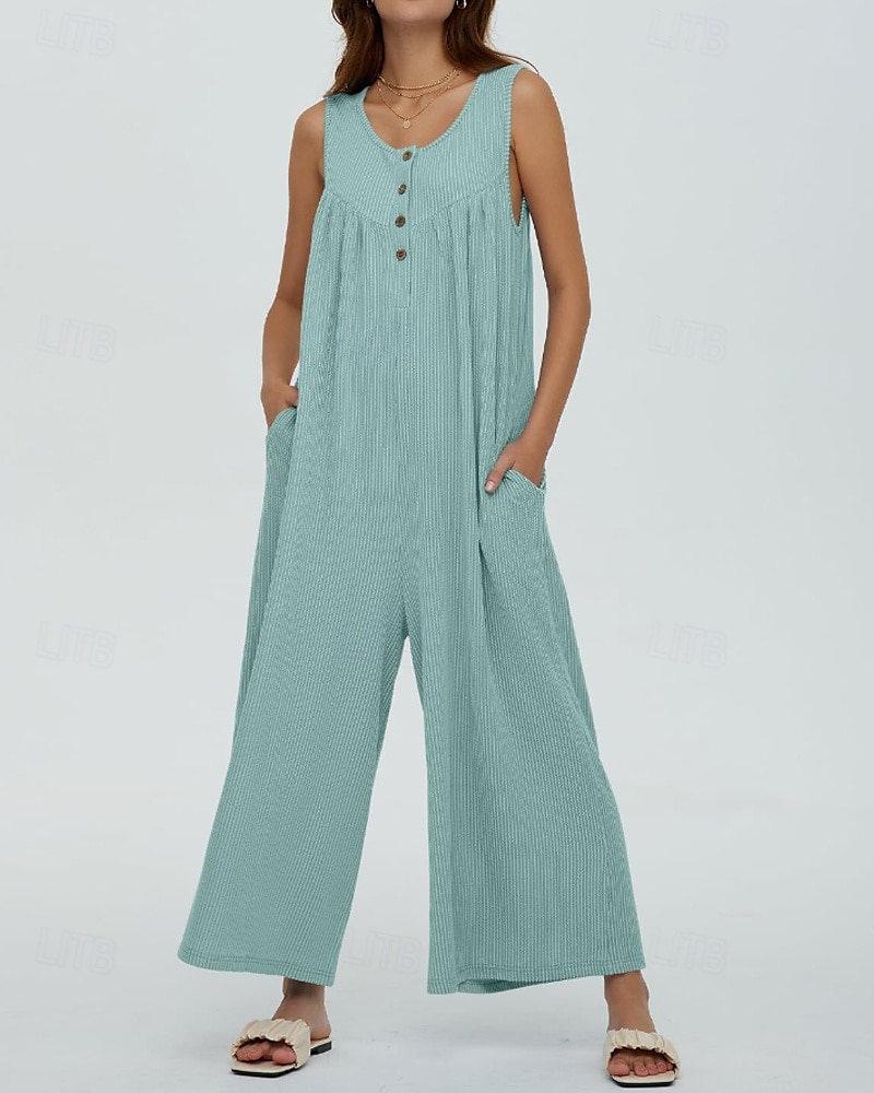 Női Szabályos Jumpsuitek Utcai sikk Tömör szín Ujjatlan U-alakú Gombok Zseb Utca Napi Normál Fekete Sötétkék Medence Nyár 2025 - zł111.96 –P9