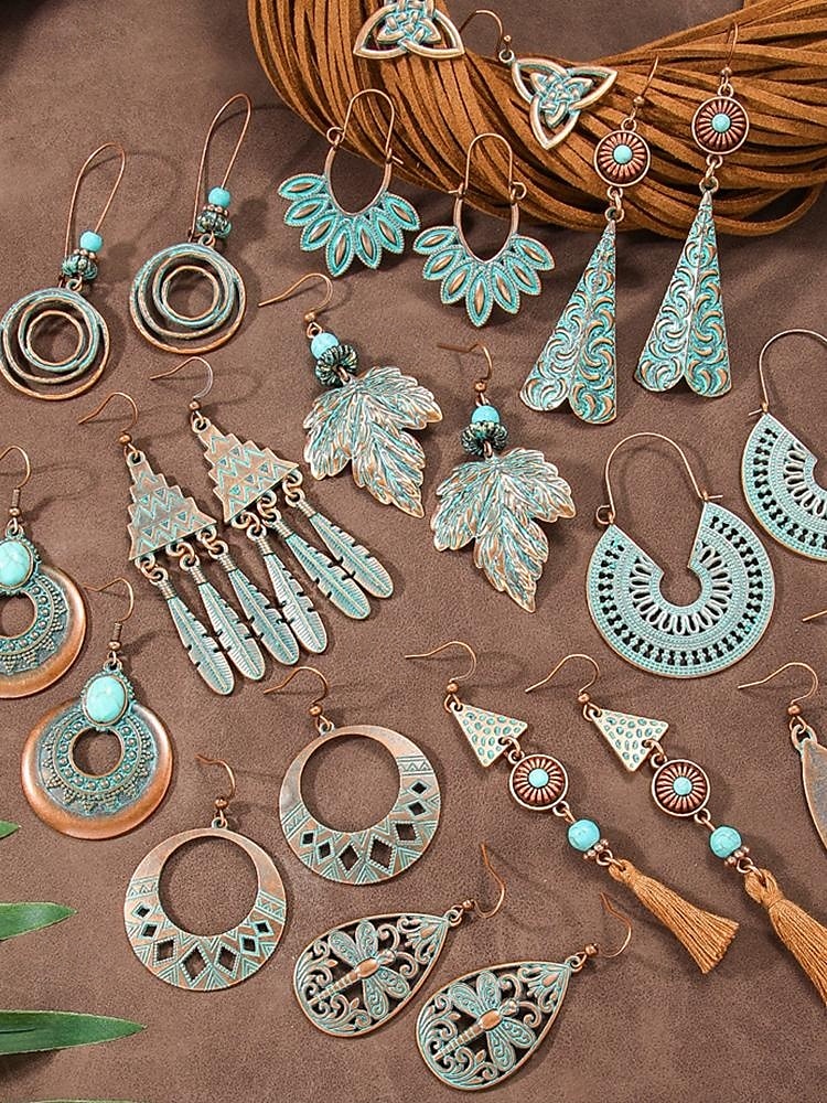 Dámské visací náušnice v boho stylu s tyrkysovou povrchovou úpravou - lehké visací náušnice ve vintage kmenovém stylu s povrchovou úpravou v antickém bronzu pro neformální vánoční výpravy a dárky 2025 - $11.99 –P12