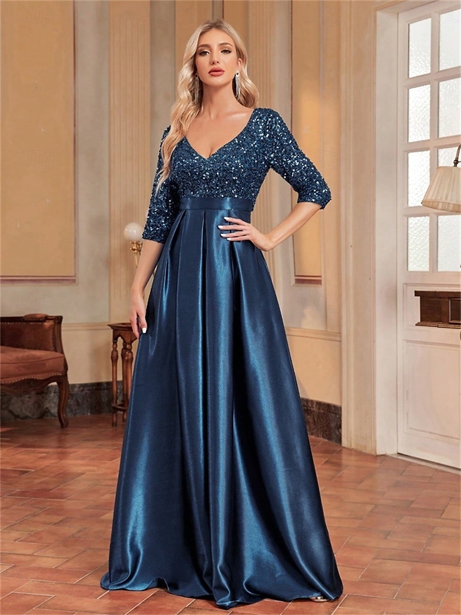 A-Line Quinceanera Dresses Elegant Dress Formal Wedding Floor Length Long Sleeve V Neck Polyester with Sequin 2025 - $99.99 –P20