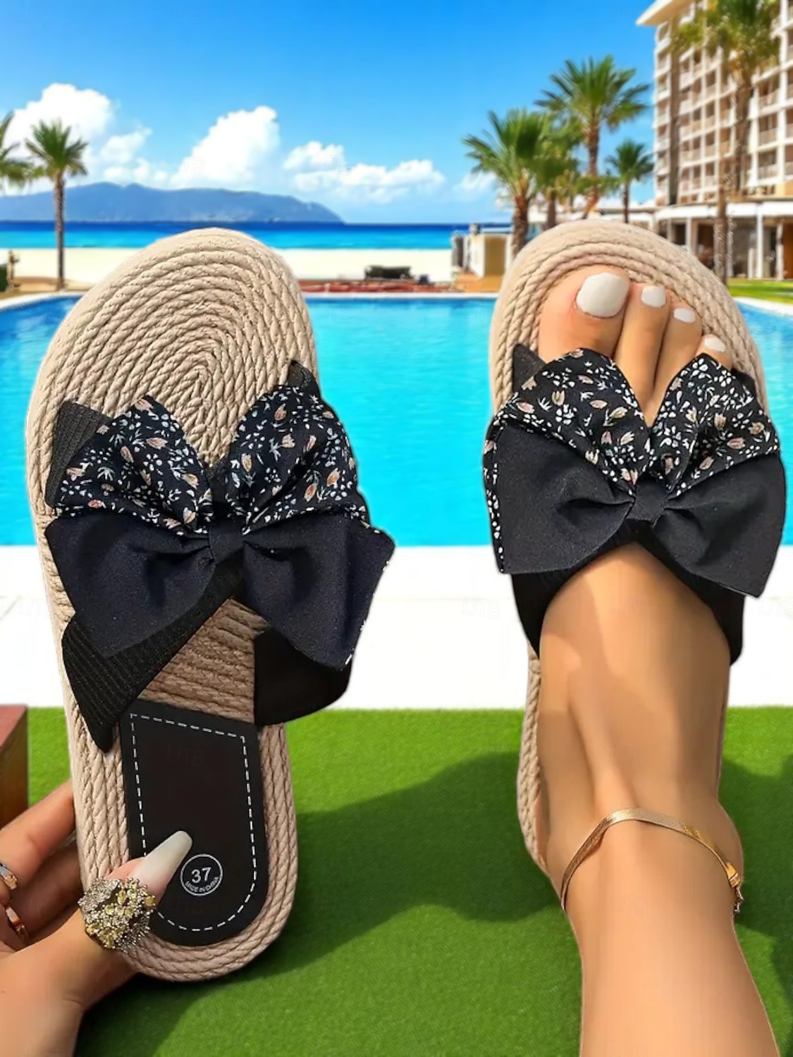 Women's Floral Bow Slip-On Rope Sandals – Cute Summer Beach Slides with Woven Sole for Vacations, Garden Parties, and Casual Daily Wear 2025 - $14.99 –P1