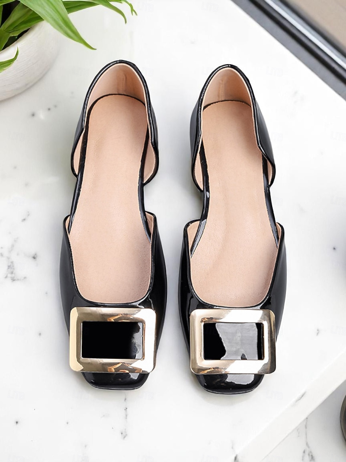 damskie czarne lakierowane baleriny ze złotą klamrą, elegancki kwadratowy nosek, buty wsuwane do biura i na co dzień 2026 - $29.99 –P2