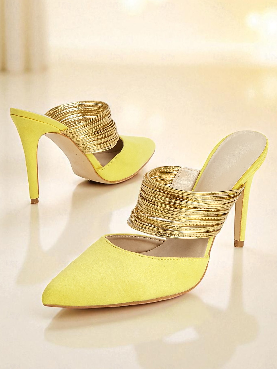 Sandale stiletto galbene pentru femei cu barete aurii - tocuri înalte cu vârful ascuțit pentru petreceri în viața de noapte și evenimente de seară 2025 - $64.99 –P4