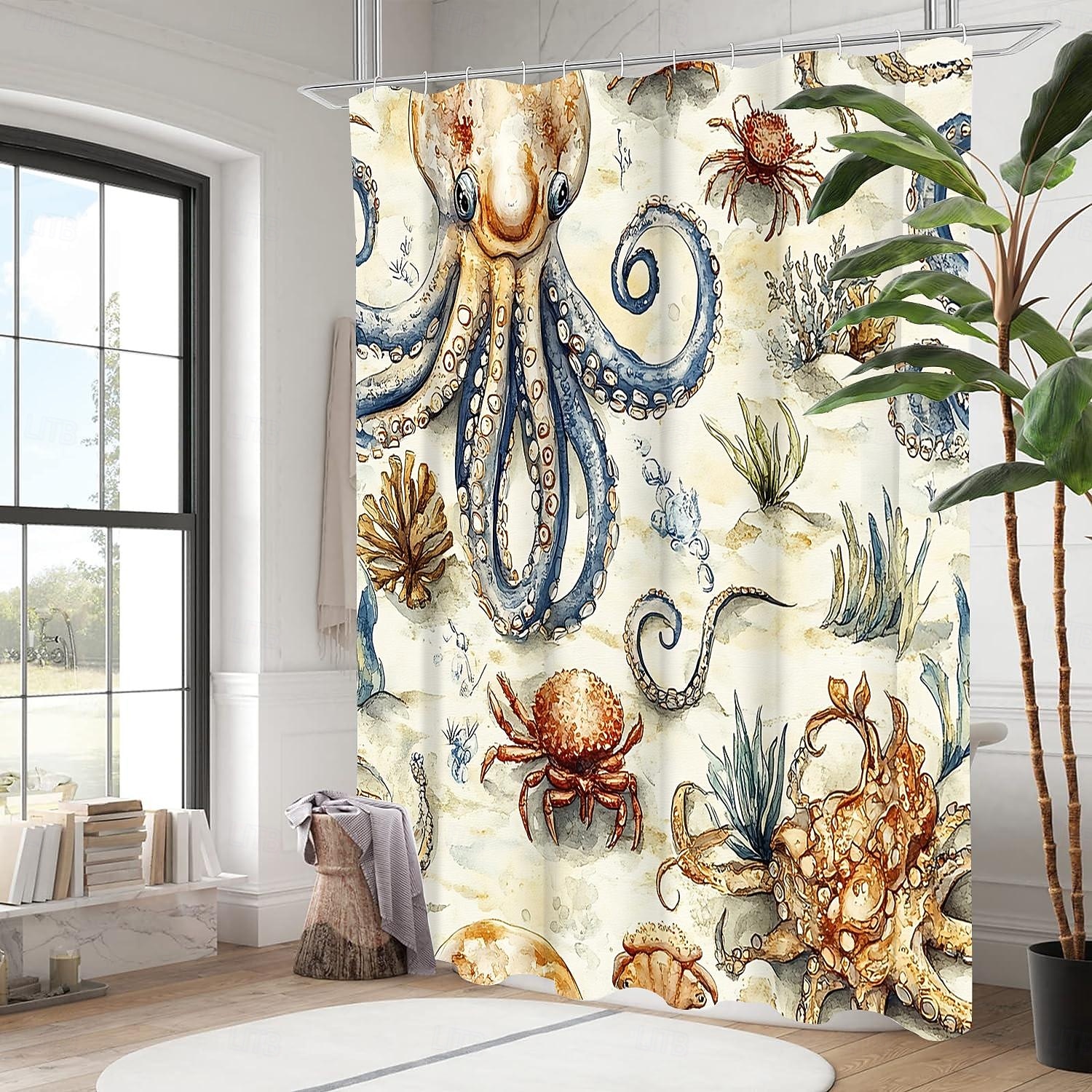 Cortina de ducha con diseño de tortuga marina y ganchos para baño, juego de decoración de baño de poliéster impermeable, paquete de 12 ganchos de plástico 2026 - $21.99 –P2