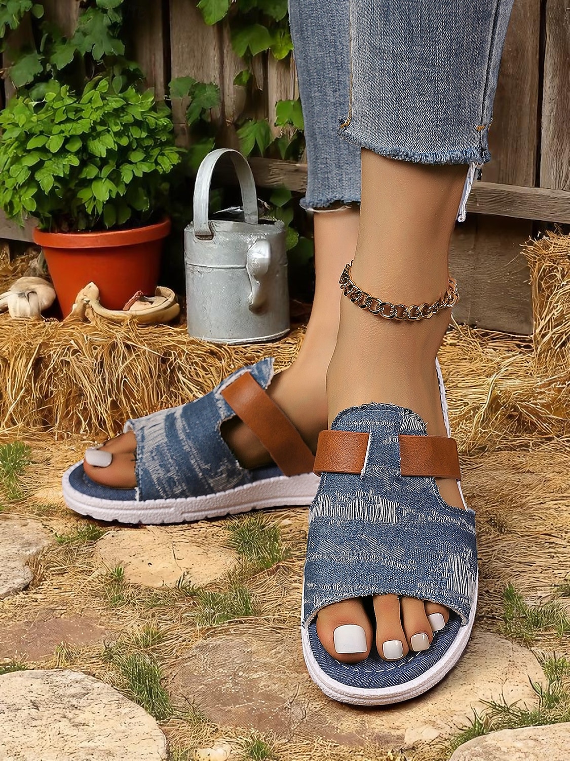 sandali slip-on in denim da donna con dettagli in similpelle, stile rustico chic da fattoria per barbecue in giardino, passeggiate in campagna e abbigliamento casual quotidiano del 2025 a $19.99 –P5