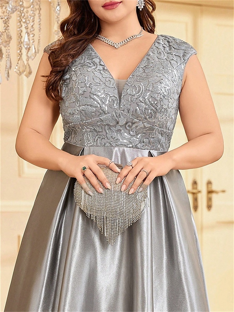 Robe A-Line Grande Taille Élégante Robe Courbe De Mariage Formelle Longue Au Sol Manches Courtes Col en V Satin Dos Nu Avec Plis 2025 de 2025 ? $119.99 –P9