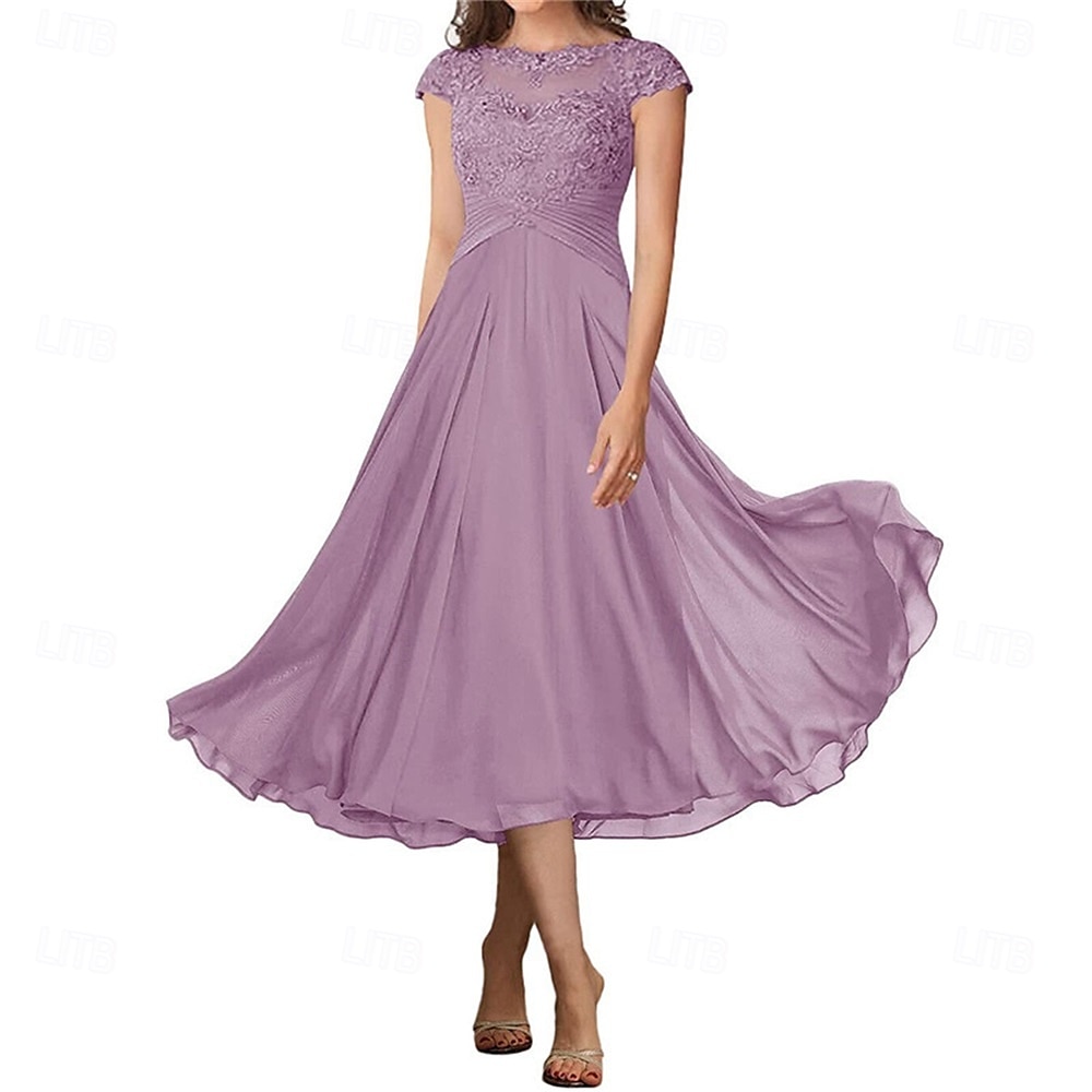 A-Linie Brautmutterkleid Elegant Einfach Rundhalsausschnitt Knöchellänge Chiffon Kurzarm mit Falten Einfarbig 2025 2025 - $119.99 –P5