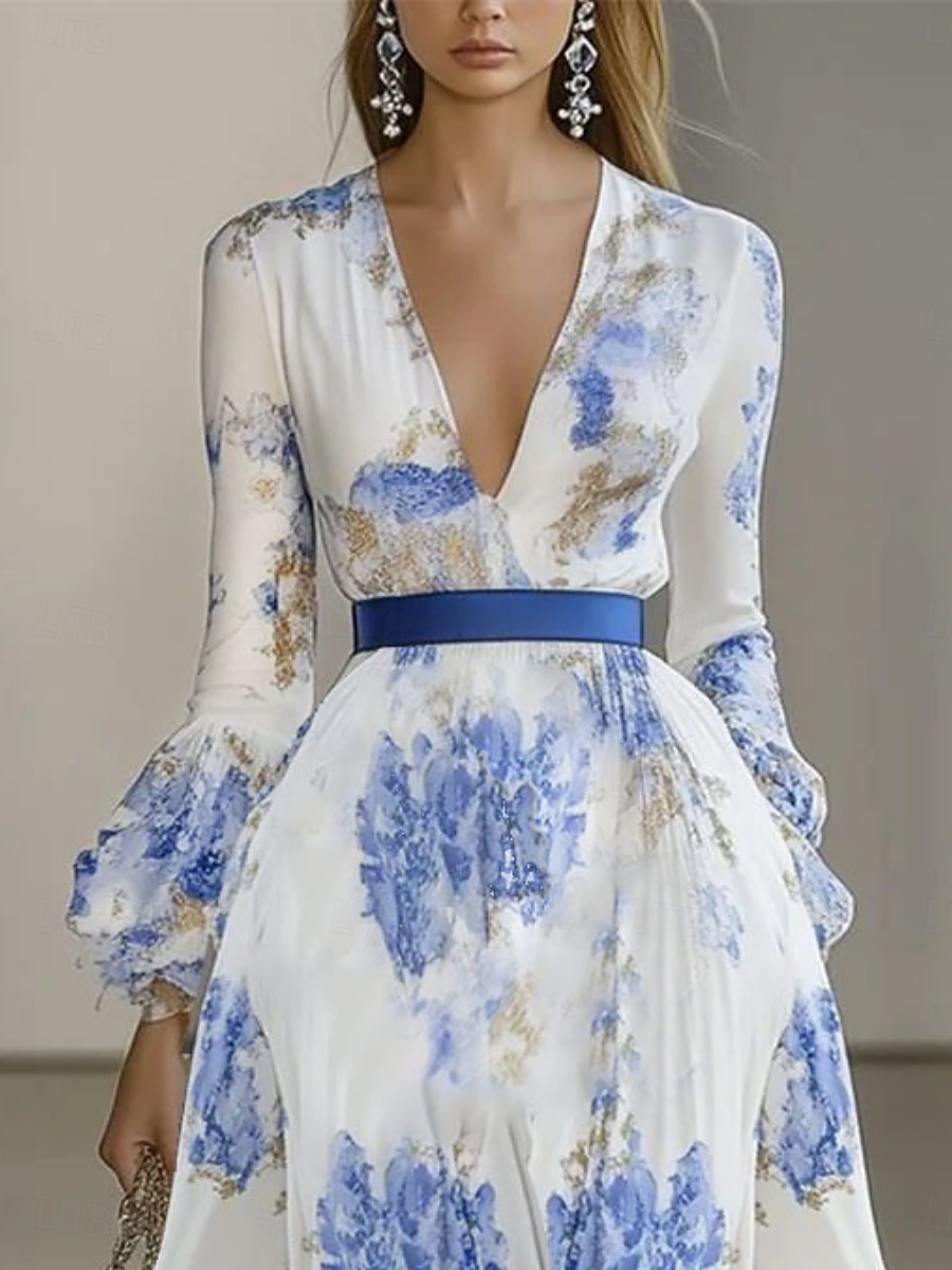 Damskie Sukienka maxi Sukienka A line Sukienka rozkloszowana i dopasowana Codzienny Na zewnątrz Wyjściowe Regularny Kwiaty Długi rękaw W serek Niebieski Lato 2025 - $39.99 –P2