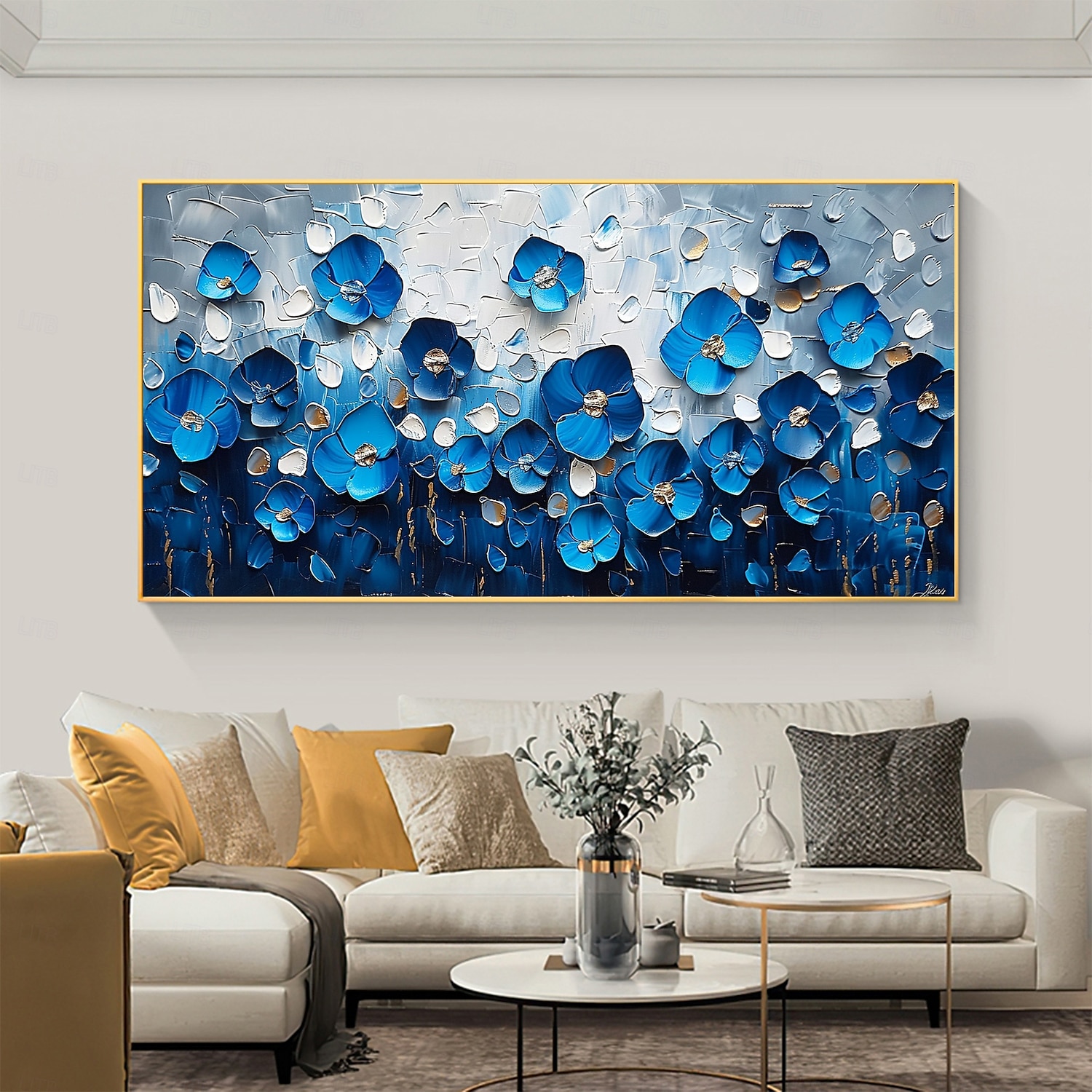Pintura a óleo texturizada floral azul original feita à mão sobre tela abstrata com flores para decoração de parede com moldura esticada sem moldura interna de 2025 por $170.99 –P2