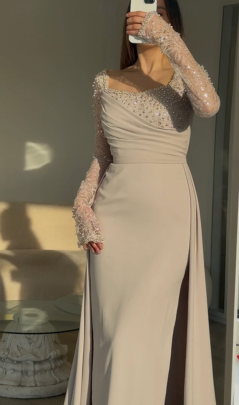 Meerjungfrau/Trompete Abendkleid Galakleid mit abnehmbarem Überrock formelles Kleid Stretch-Crêpe Hochzeit bodenlang Langarm quadratischer Ausschnitt Spitze mit Falten Perlen Pailletten Spitze 2025 2025 - $149.99 –P1