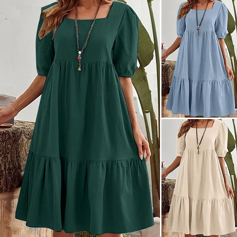 Femmes Mini Robe Robe Décontractée Classique Moderne Extérieur Vacances Fête Coupe régulière Uni Manche Courte Col carré Vert foncé Beige Bleu clair Été de 2025 ? $28.99 –P1