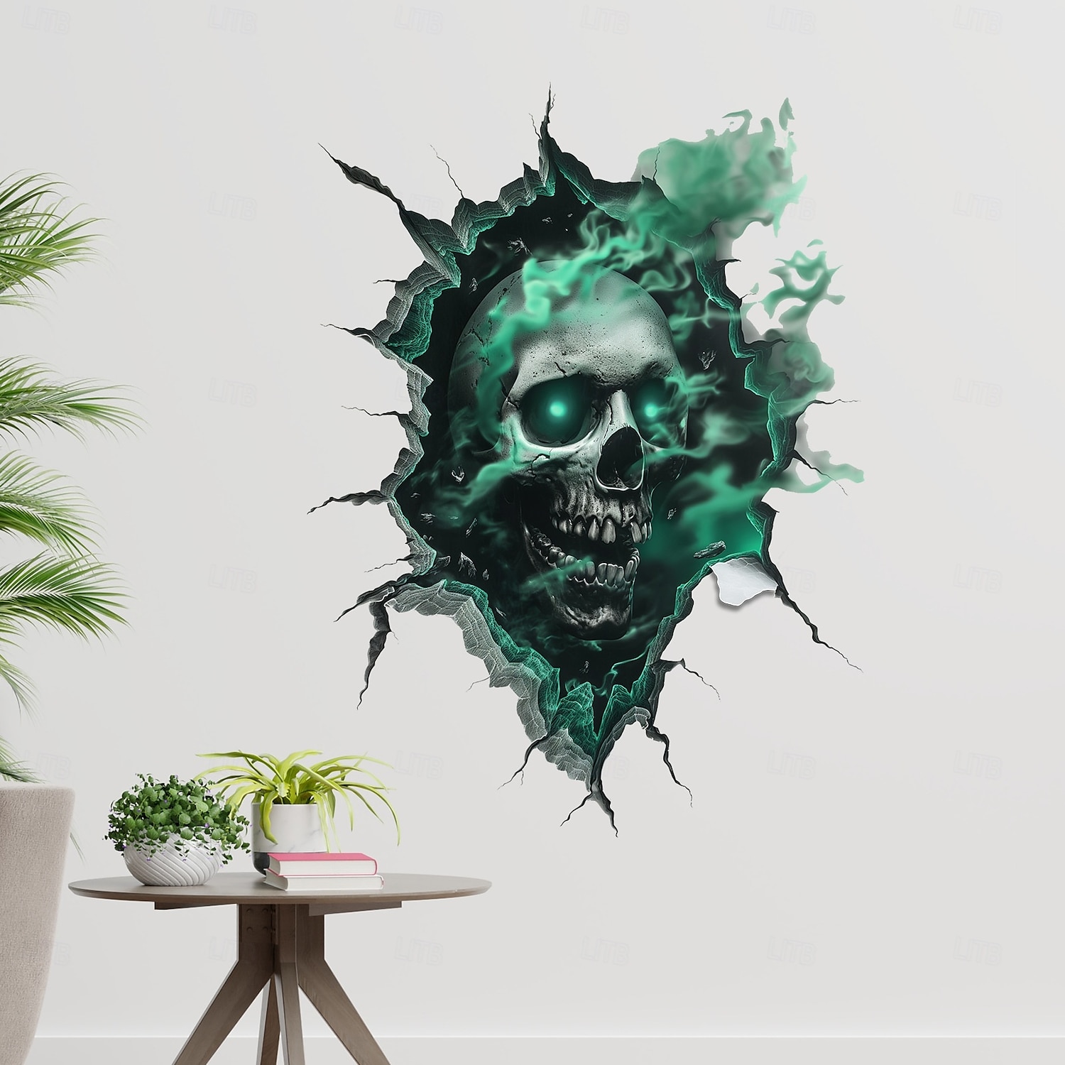 Halloweenská samolepka na zeď 3D lebka realistický děsivý průlomový design lebky, samolepicí bytová dekorace do obývacího pokoje sváteční atmosféra 2025 - $6.49 –P7