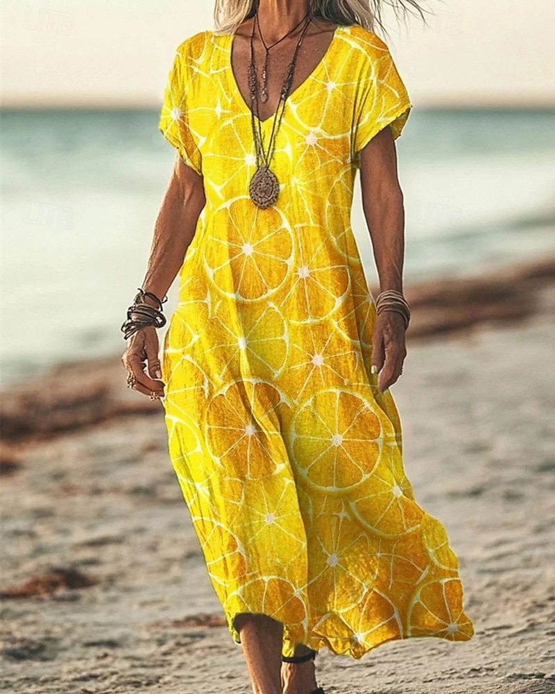 Femmes Robe Longue Maxi Robe Robe Décontractée Robe d'été Mode Extérieur Soirée Fête Coupe régulière Fleur Manche Courte Col en V Jaune Bleu Violet Marron Été de 2025 ? $24.99 –P1