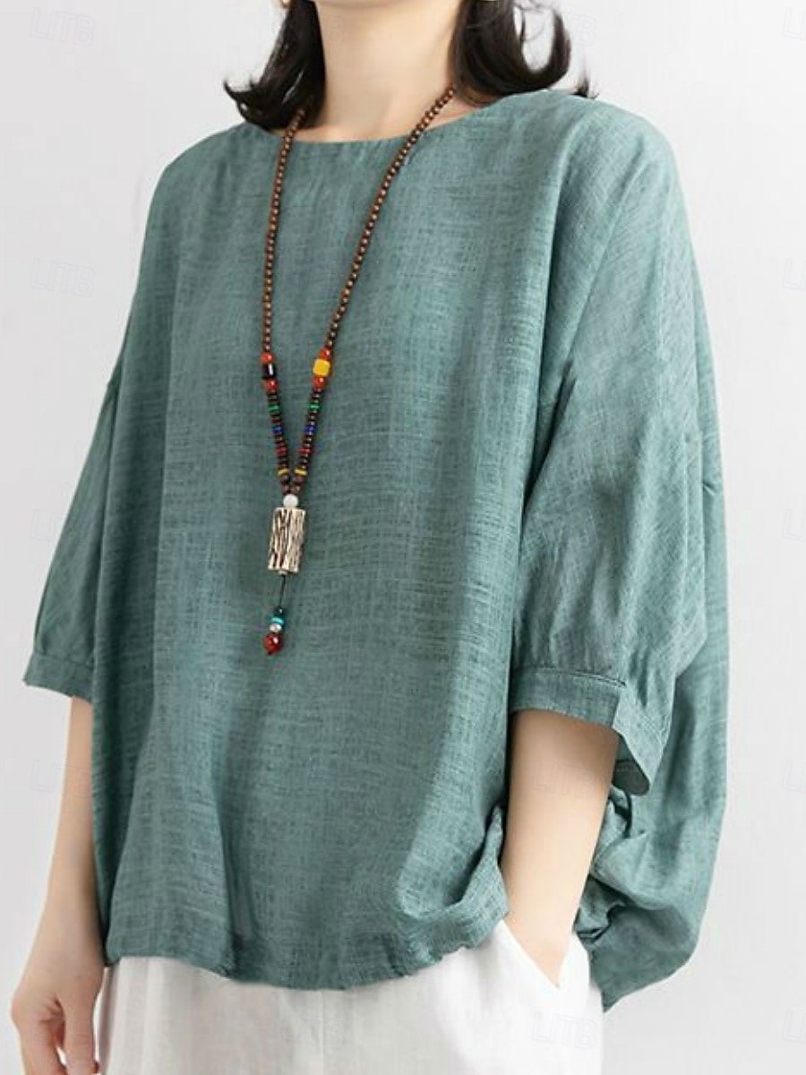 Femmes Chemise Couleur Unie Élégant Occasionnel Manche 3/4 Col ras du cou Hauts Réguliers Quotidien Rose Claire Bleu Violet Vert Été Printemps de 2025 ? $3.99 –P11