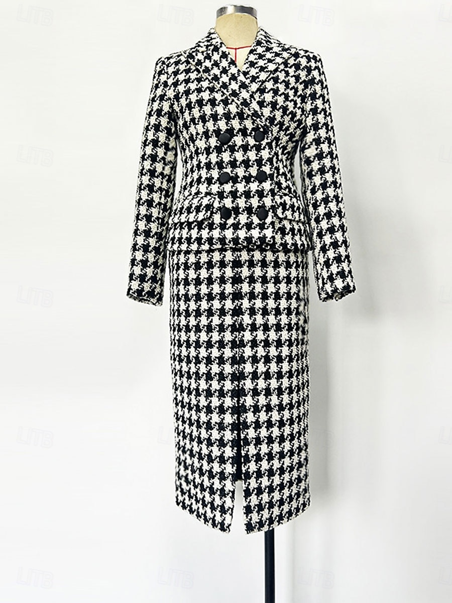 Houndstooth Klänning Set Mor till Bruden Klänning Elegant Enkel Krage Knälängd Dubbelknäppt Kavaj Lång ärm 2025 - $139.99 –P2