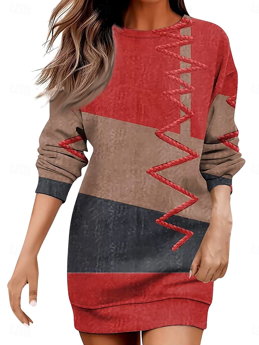 Dames Mini-jurk Hemdjurk Casual Vakantie Feestdagen Uitgaan Normale pasvorm Bloemig Grafisch Geometrisch Lange mouw Strakke ronde hals Roestig rood Paars khaki Herfst Winter 2025 - $27.99 –P3