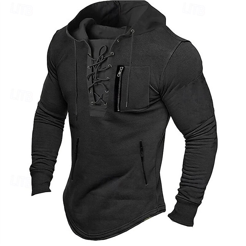 Herren T Shirt T-Shirt Langarmshirt Langarm Mit Kapuze Frühling Herbst Einfach Mode Designer Basic Schnürung Urlaub Straße Ausgehen Schwarz Hellgrau Braun Top T-Shirt für Herren 2025 - $20.99 –P3