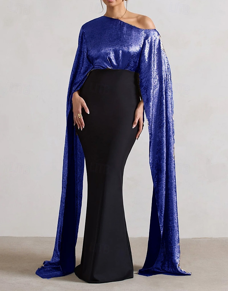 vestido de capa preto estilo sereia/trompete, elegante, formal, casamento, cauda longa/escova, um ombro só, tecido lurex, crepe elástico com detalhes franzidos 2025 de 2025 por $145.99 –P5