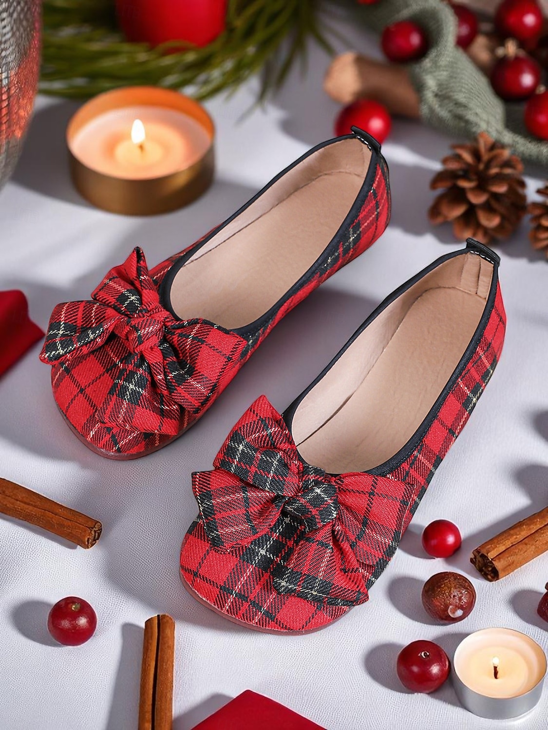 Ballerinas mit roter Schottenkaro-Schleife für Damen – Festtags-Ballerinas für Weihnachtsfeiern, Teepartys im Garten und gemütliche Abende 2025 - $19.99 –P1