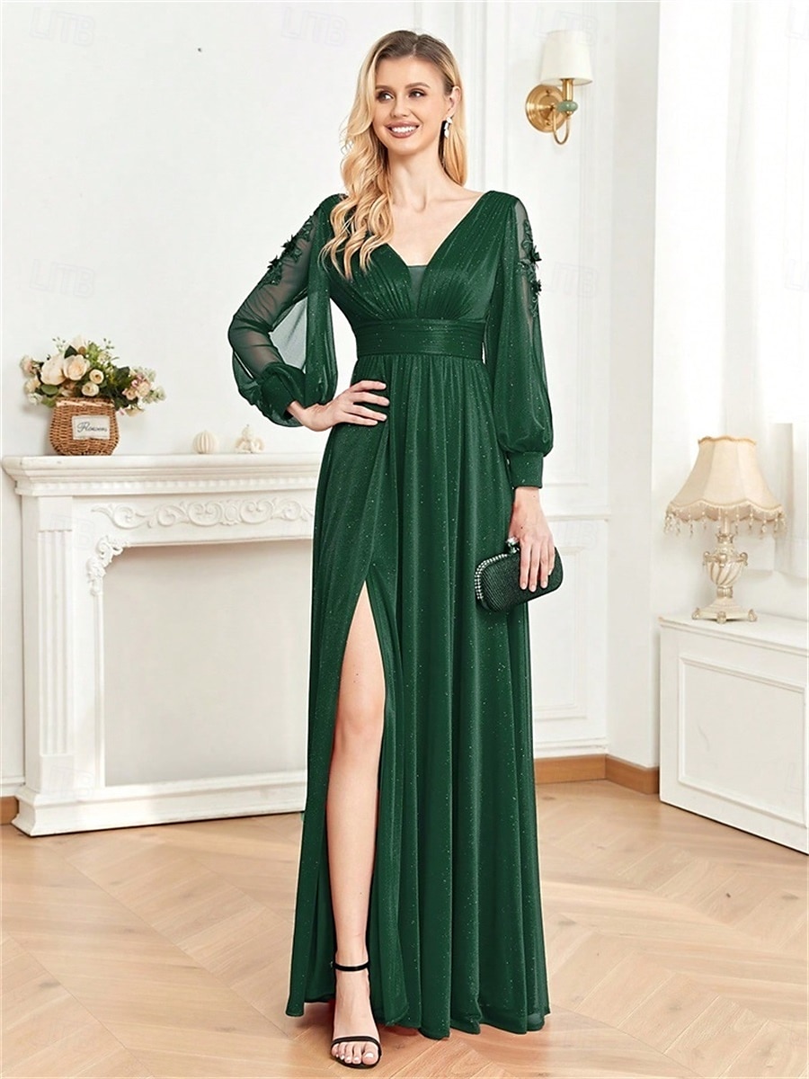 A-vonal Quinceanera Ruhák Elegáns Ruha Formális Esküvői Padló Hosszúságú Hosszú Ujjú V Nyak Sifon V Hátsó Ráncokkal Hasítékkal 2025 - $99.99 –P12