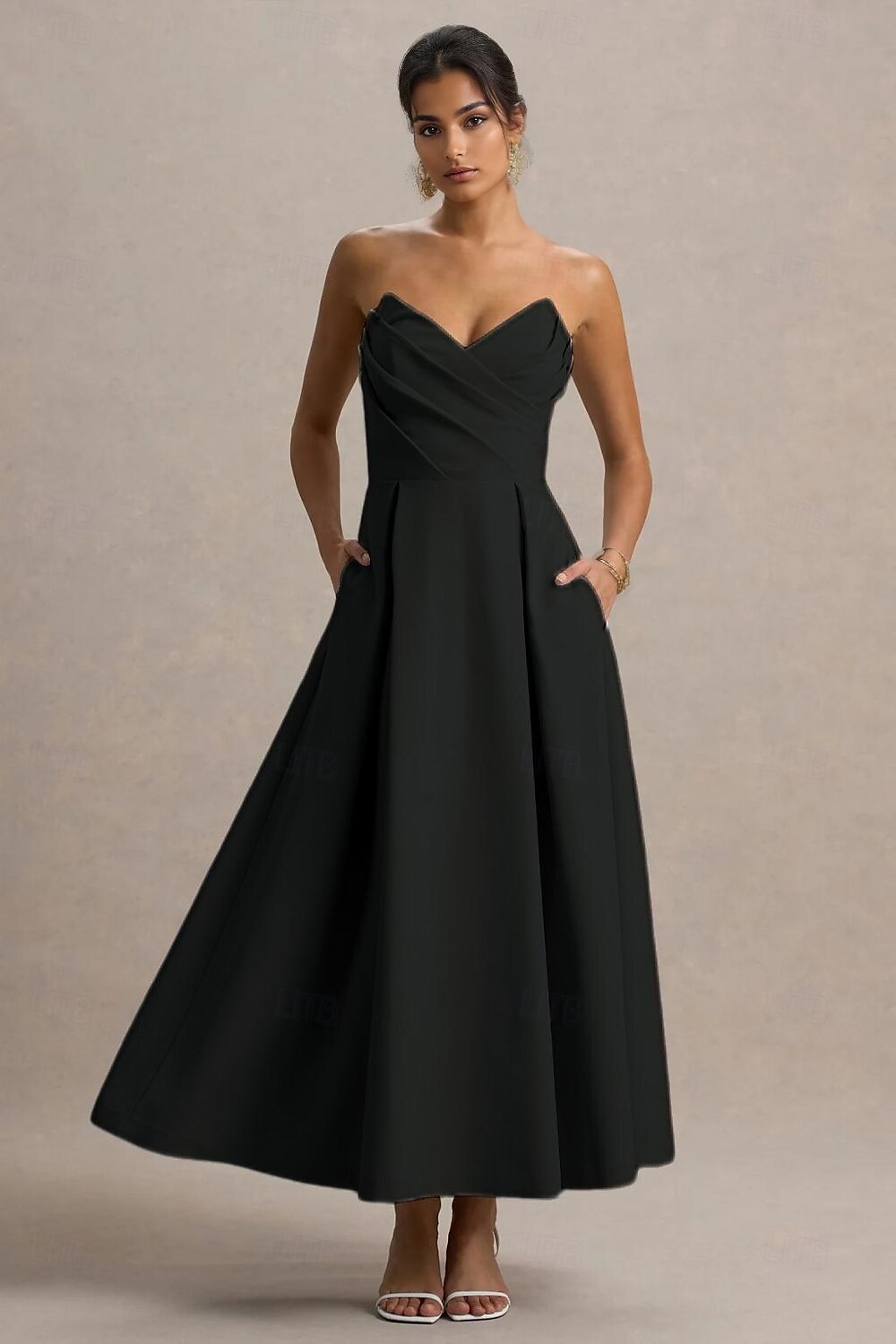 Abiti da cocktail a trapezio, eleganti, abiti da cerimonia, da sposa, lunghezza tè, midi, senza maniche, scollo a cuore, in crêpe elasticizzata con pieghe e tasca 2025 del 2025 a $129.99 –P7