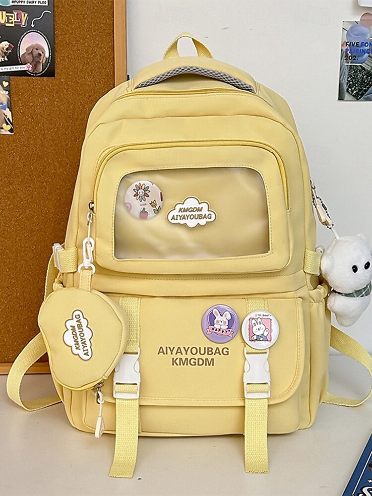 dziewczęcy plecak szkolny w kolorze makaroników - wodoodporny, o dużej pojemności, z ozdobnymi szpilkami, brelokiem w kształcie pluszowego misia i wieloma kieszeniami, odpowiedni dla nastoletnich uczennic i do codziennego użytku na uczelni 2026 - $34.99 –P6