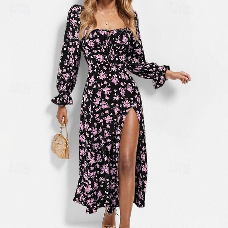 Damen Maxikleid Milchmädchen-Kleid Urlaub Party Geburtstag Laternenärmel Outdoor Urlaub Täglich Standard Passform Blumen Langarm Quadrathals Weiß Blau Purpur Gold Sommer Frühling Herbst 2025 - $25.99 –P5