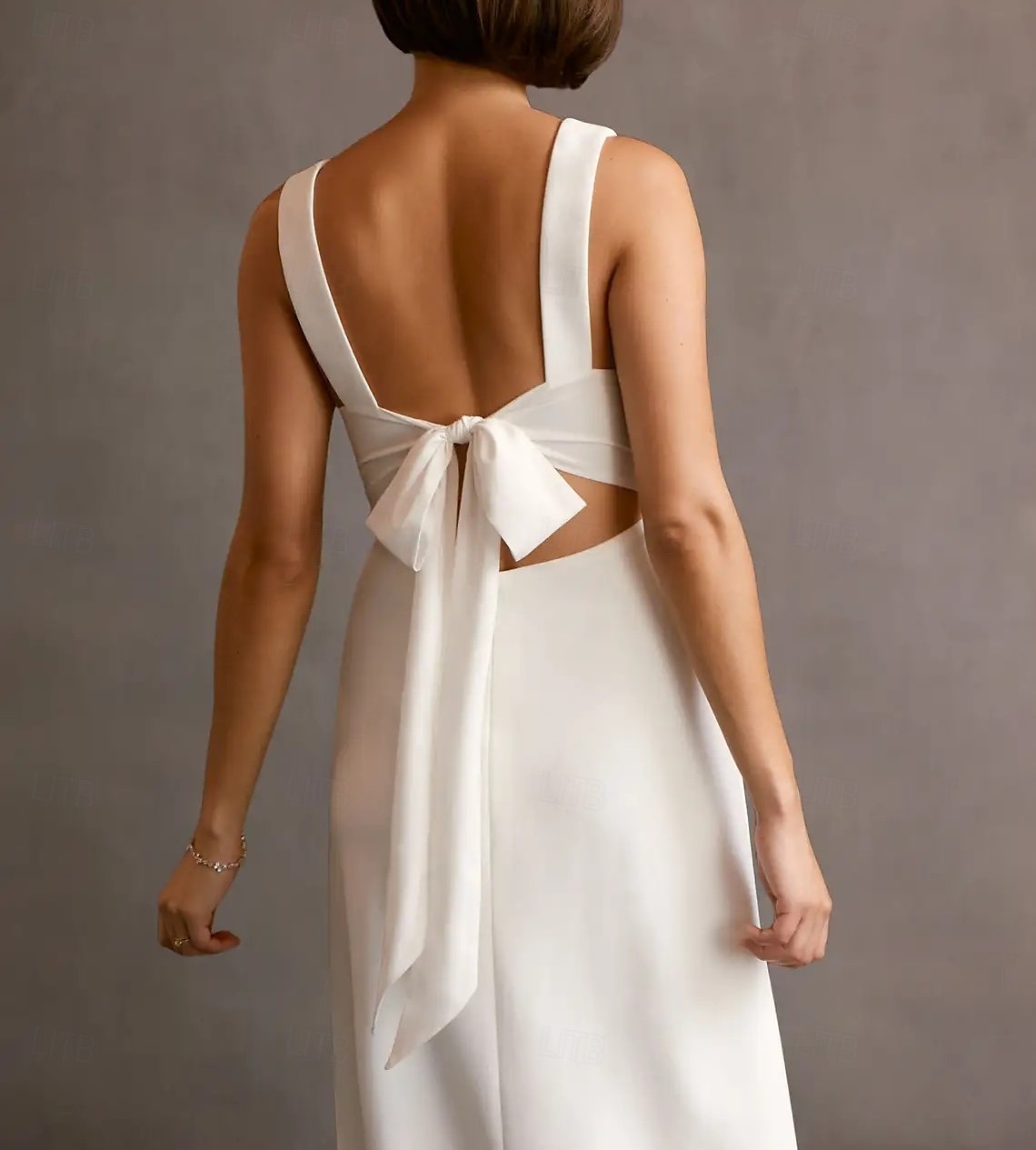 Abiti Bianchi Impegno di Piccole Dimensioni Abiti da Sposa A-Line Collo a V Senza Maniche Lunghezza Tea Tessuto Elasticizzato Abiti da Sposa con Nodo Pieghettato del 2025 a $126.99 –P5