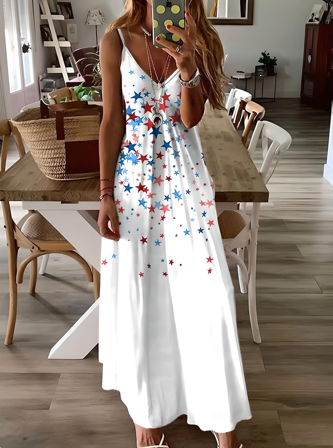 Independence Day Women's Patriotic Fourth of July Maxi Dress A Line Dress Slip Dress Vacation Casual Daily Holiday Graphic American Flag Sleeveless V Neck Spaghetti Strap White Red Sky Blue 2025 - GBP £25 –P1