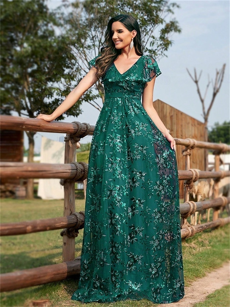 Robes de quinceanera en forme A Robe élégante Robe de mariage formelle longueur sol manches courtes col en V sequins dos en V avec sequins de 2025 ? $109.99 –P9