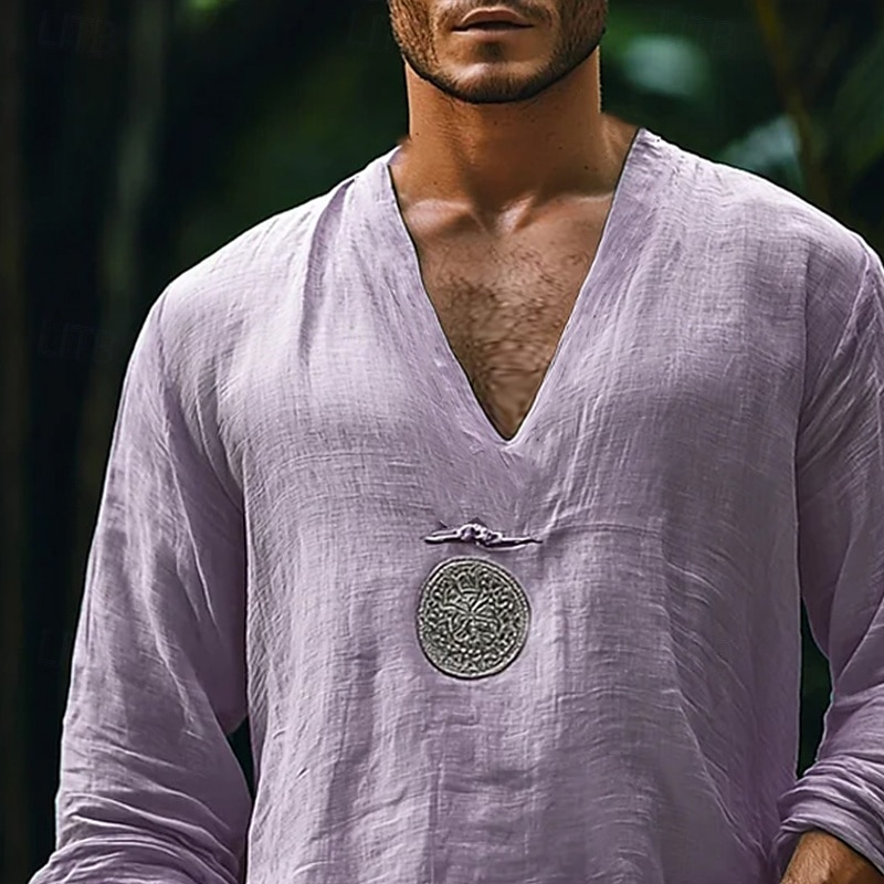 Herren Hemd Leinenhemd Popover-Hemd Sommerhemd Strandbekleidung Ethno-Hemd Einfach Urlaub Straße Purpur Langarm V Ausschnitt Sommer Frühling Bekleidung 2025 - $23.99 –P2