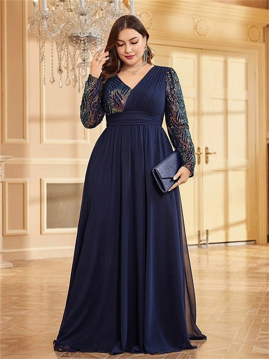 A-Line Plus Size Dresses Elegant Curve Dress Formal Wedding Floor Length Long Sleeve V Neck Chiffon with Sequin 2025 - $119.99 –P6