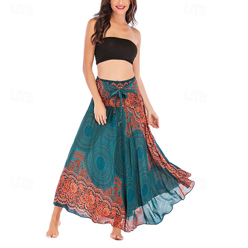 Mujer Falda Línea A Columpio Casual Boho Maxi Alta cintura Faldas Floral Estampado Microelástico Vacaciones Festivos Blanco Vino Azul Real Verde Oscuro Verano Poliéster 2025 - $20.99 –P14