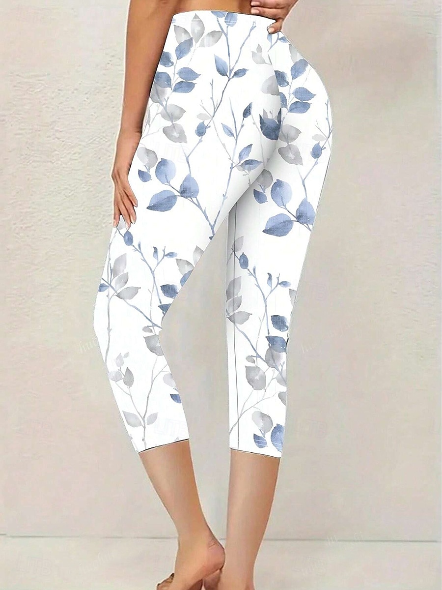 Women's Leggings Vacation Vintage Basic Calf-Length High Waist Graphic Leaf Breathable Quick Dry Soft Stretchy Casual Daily Holiday Robin's Egg Blue Yellow Red Green Summer Spring Slim Fit 2025 - $18.99 –P2