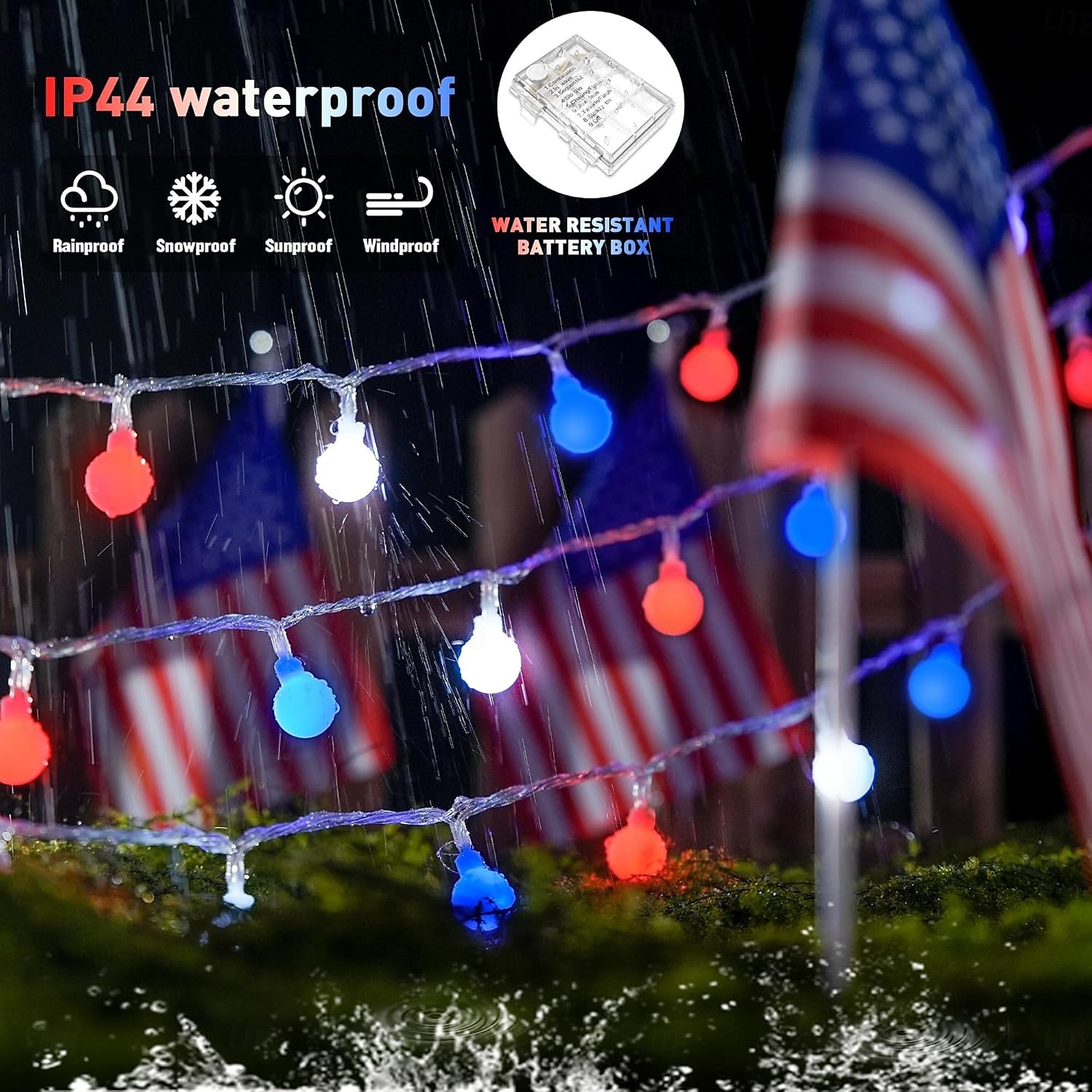 1 Pc 33FT-100 LED Patriotic String Lights July 4th Independence Day Red Blue White Ball Decorative LED String Patriotic Gathering Party Atmosphere 8 Function Remote Control Waterproof Battery Box 2025 - $15.99 –P11
