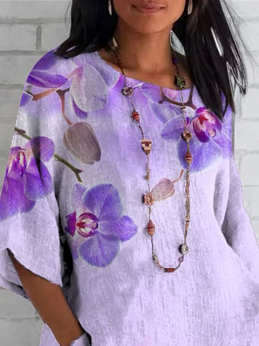 Dame Bluse Blomstret Grafisk Bohem Daglig Etnisk 3/4 ermer Crew-hals Vanlige topper Daglig Ferie Ferieklær Trykt mønster Lilla Sommer Vår 2025 - $27.99 –P2