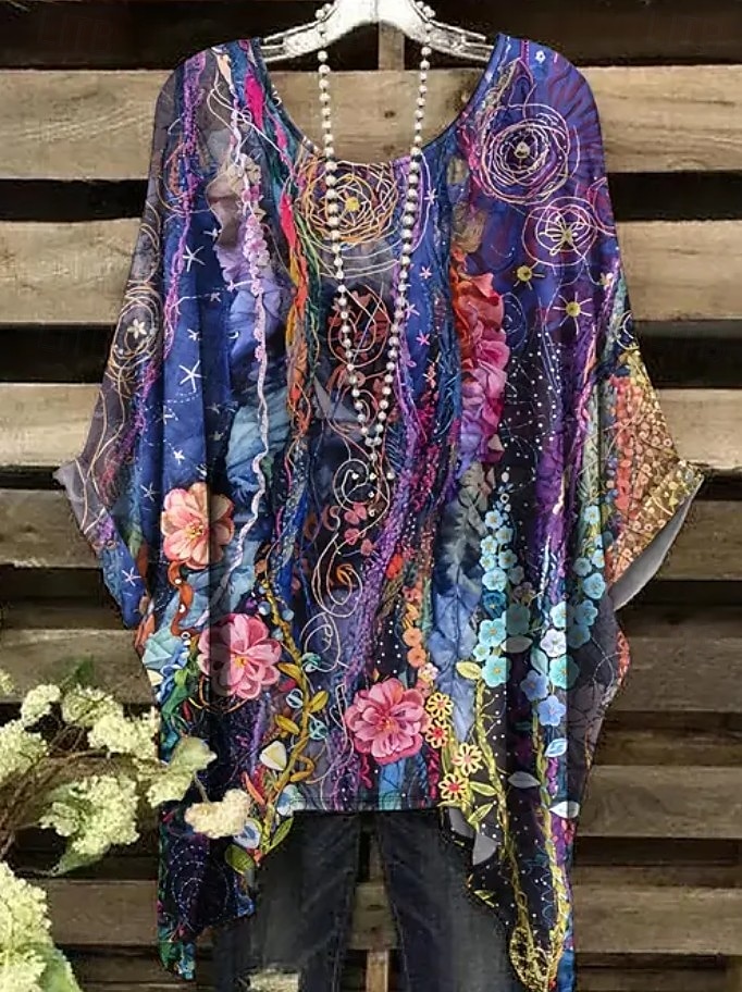 Women's Boho Shirt Floral Graphic Elegant Bohemia Active Short Sleeve Batwing Sleeve Crew Neck Regular Tops Daily Holiday Beach Wear Black White Red Blue Purple Summer Spring 2025 - $22.99 –P6