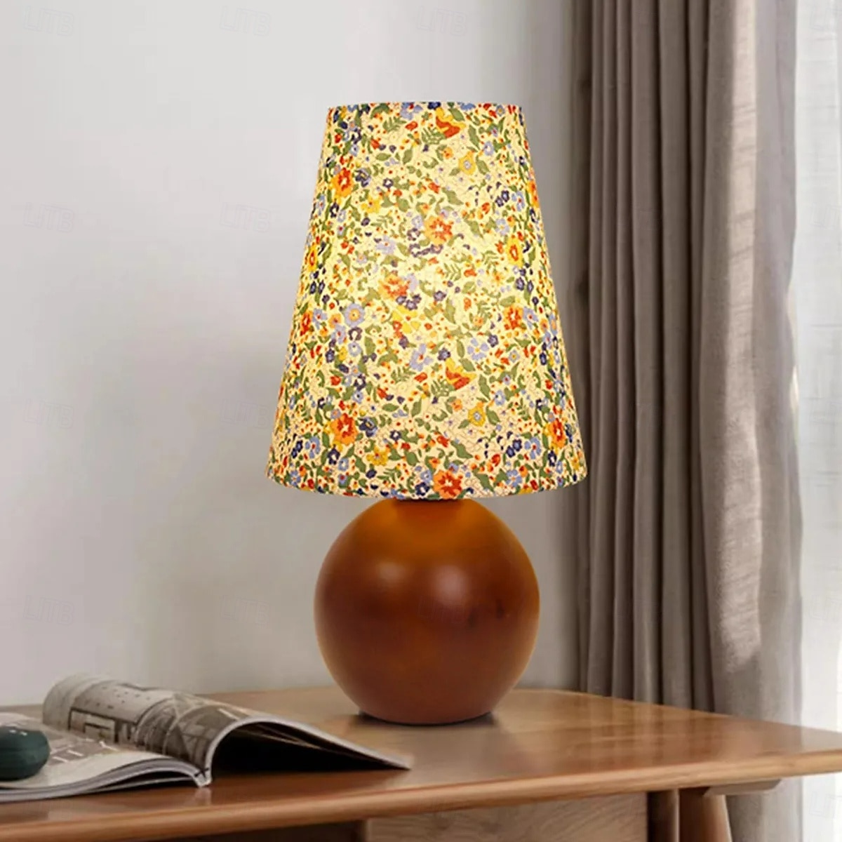 Abajur redondo com estampa floral pastoral francesa tradicional, base de madeira maciça, 1 luminária de mesa para quarto de 2025 por $84.99 –P5