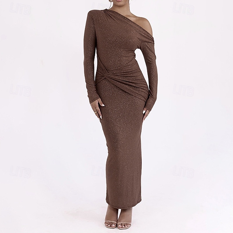 Damen Langes Kleid Maxikleid Abschlussballkleid Partykleid Mode Party Besonderer Anlass Abendgesellschaft Normale Passform Einfach Langarm Kalter Schulter-Ausschnitt Schwarz Purpur Braun Herbst 2025 - $25.99 –P2