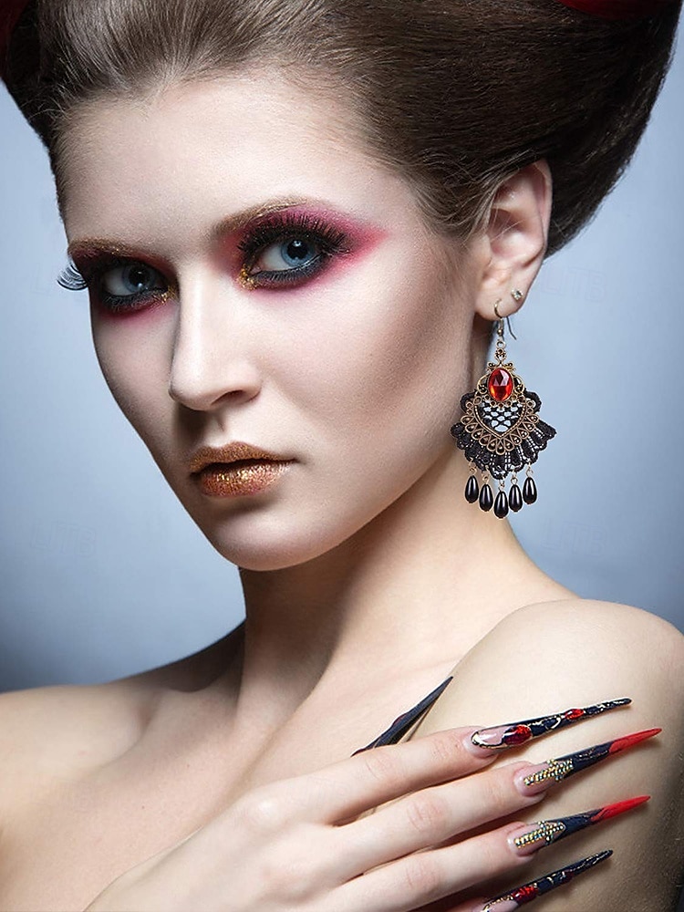 Boucles d'oreilles pendantes gothiques vintage en alliage pour femmes avec pierre noire et perles rouges, bijoux fantaisie pour fête d'Halloween pour style punk rétro de 2025 ? $9.99 –P3