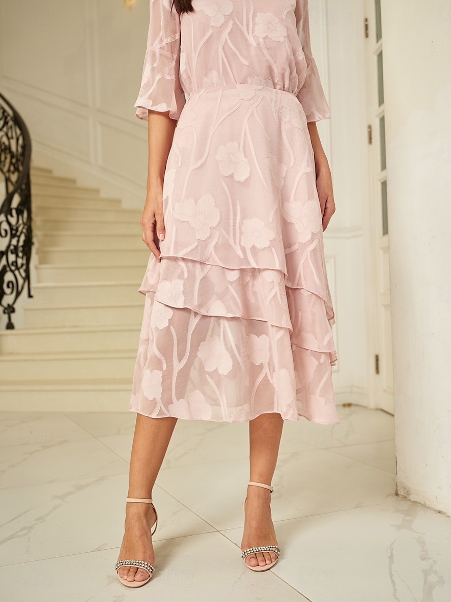 Dame الالتفاف Elegant Midi Medium Midje Skjørt Blomster Multi Layer Uelastisk Fest Avslappet Rosa Sommer Chiffon 2025 - $59.99 –P1