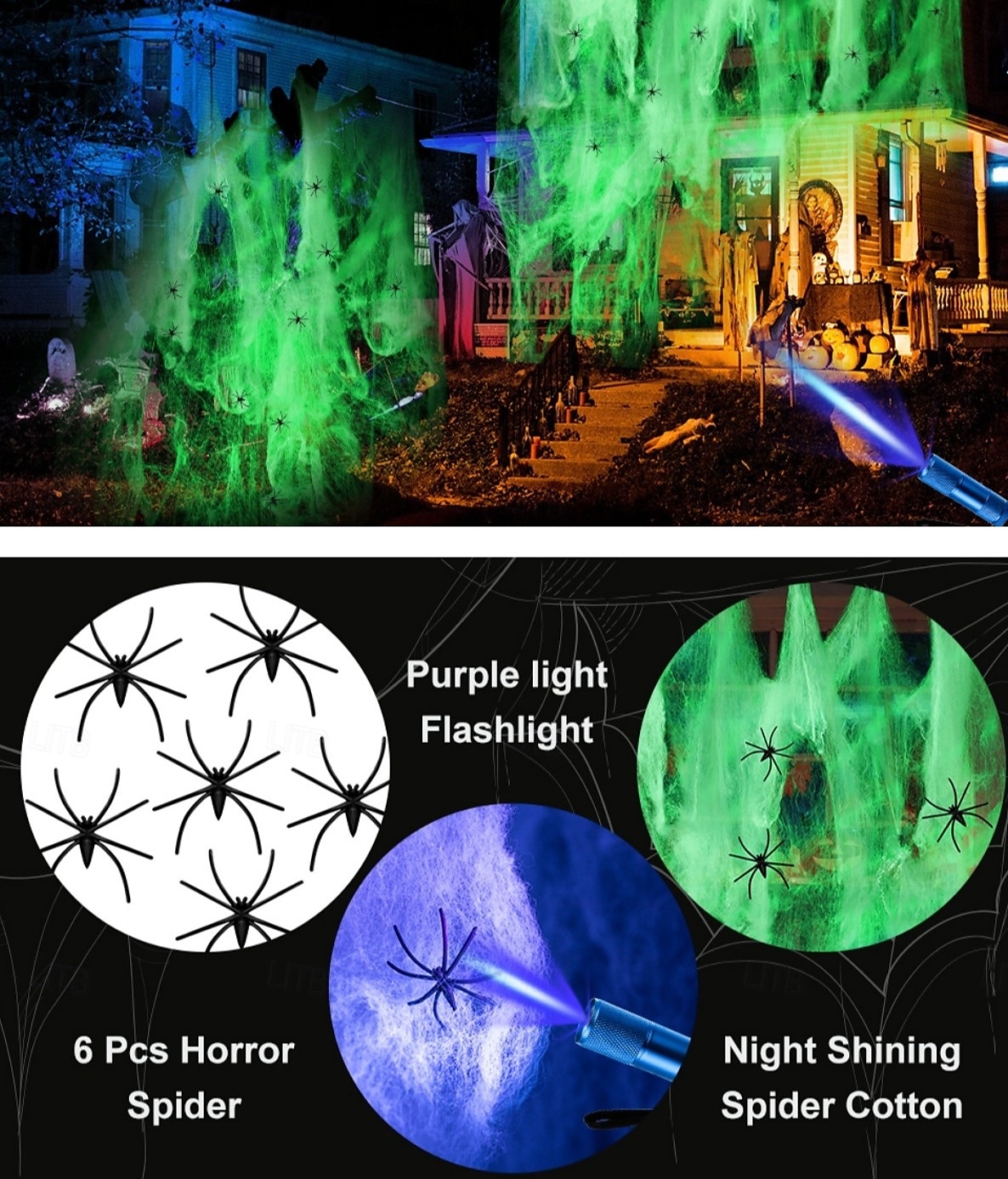 Halloween hohtaa pimeässä hämähäkinseittiä ja ylimääräisiä väärennettyjä hämähäkkejä Halloween ulkovalaistuskoristeet sisä- ja puutarhaan Kummitustalon juhlatarvikkeet 2025 - $9.49 –P2