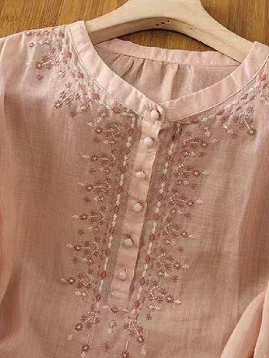 Dame Skjorter i bomullslin Helfarge Grunnleggende Fritid 3/4 ermer Crew-hals Vanlige topper Daglig Broderi Knapper Rosa Blå Aprikos Sommer 2025 - $17.99 –P7