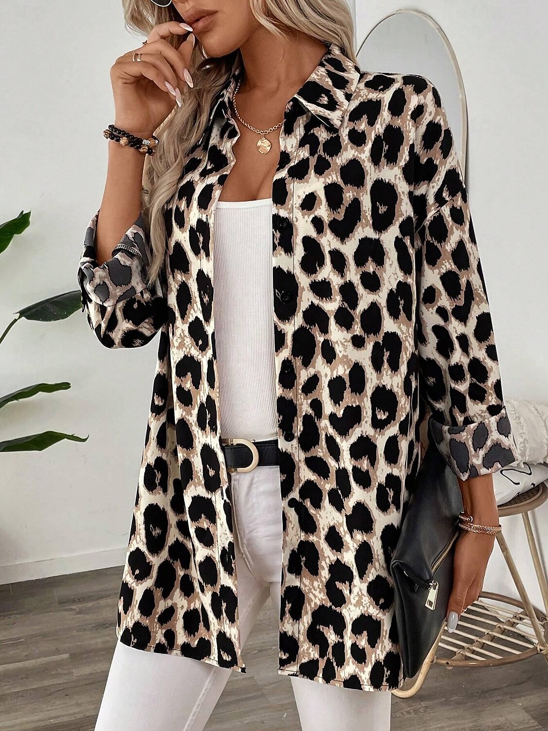 Dámské Košile Grafika Leopard Vinobraní Denní stylové Dlouhý rukáv Košilový límec Běžné topy Denní Dovolená Knoflíky Tisk Hnědá Léto Jaro 2025 - $32.99 –P2
