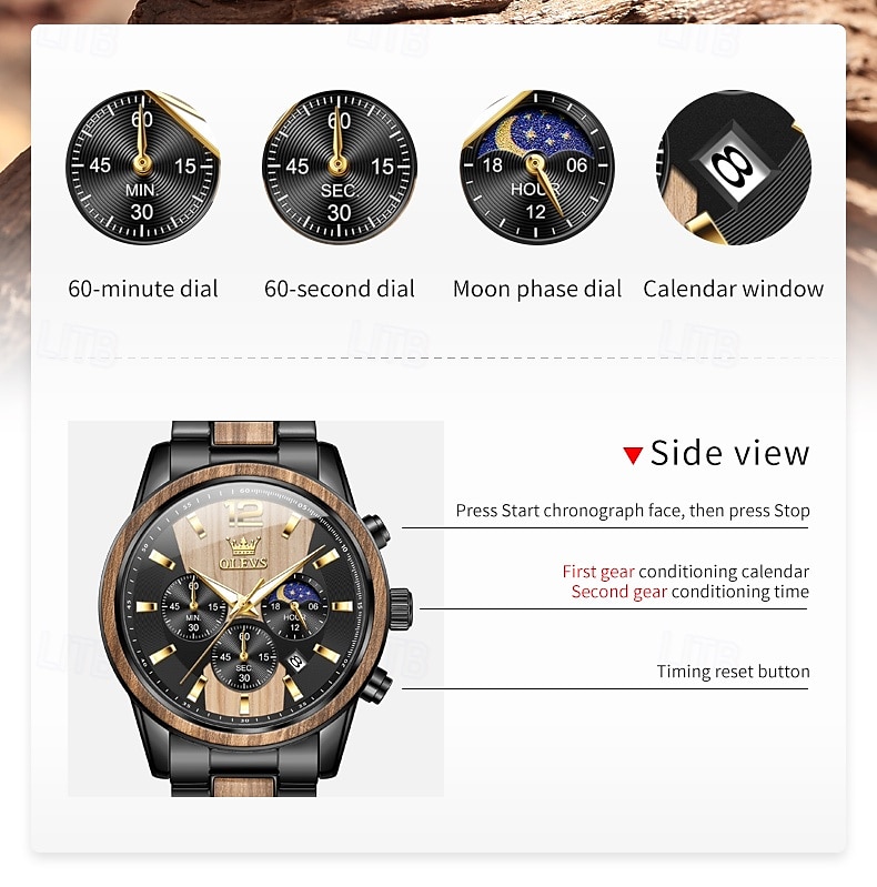 OLEVS 3645 Heren Horloge Top Merk Business Originele Kwarts Horloge Massief Hout Multifunctionele Chronograaf Maanfase Horloge 2026 - $62.99 –P6