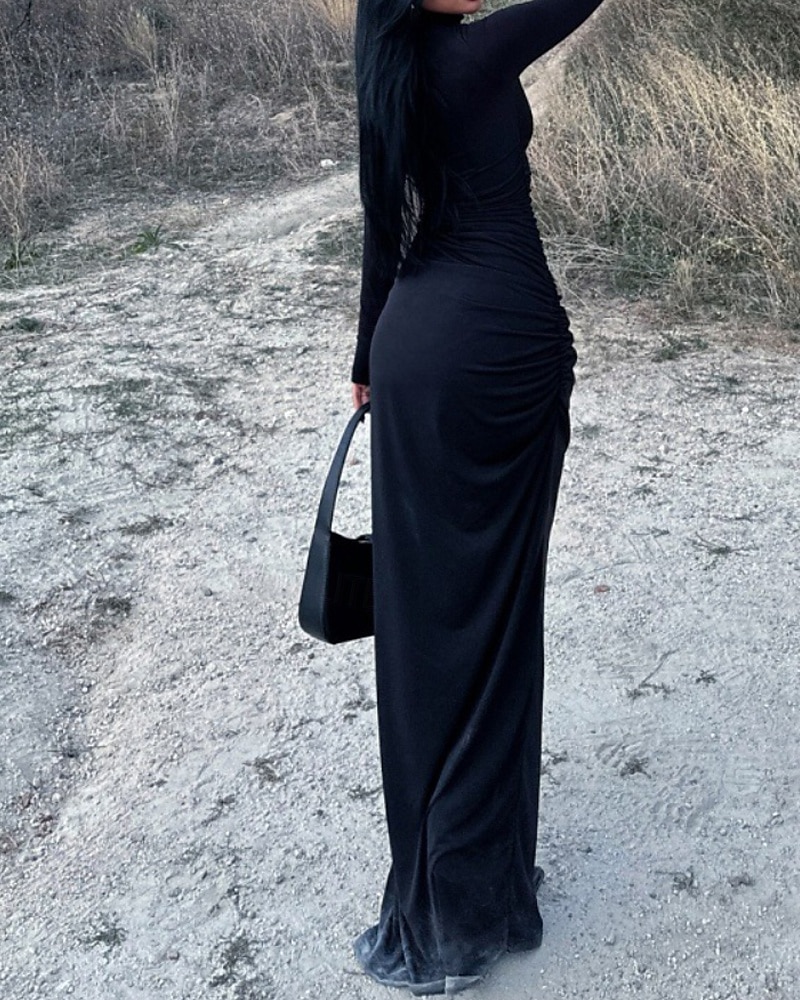 Damen Langes Kleid Maxikleid Samtkleid Cocktailkleid Bodycon Gerafftes Kleid Mode Klassisch Urlaub Täglich Abendgesellschaft Normale Passform Einfach Langarm Rollkragen Schwarz Herbst 2025 - $26.99 –P6