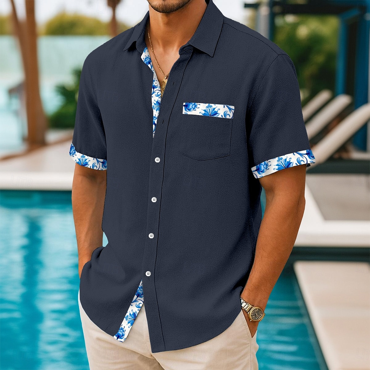 Herren Hemd Leinenhemd Sommerhemd Strandhemd Sommer Hawaiihemd Blumen Urlaub Lässig Weiß Rosa Marineblau Leicht Blau Kurzarm Kragen Sommer Bekleidung Patchwork 2025 - $23.99 –P7